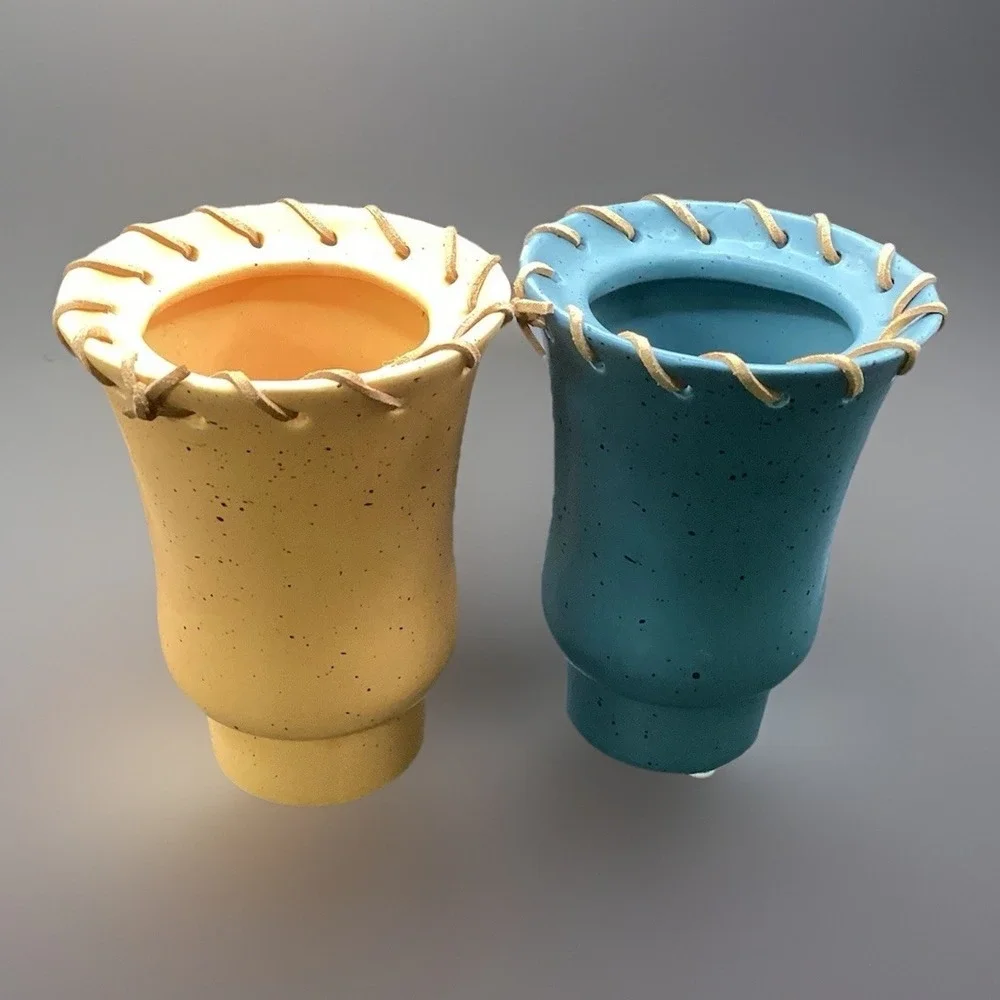 VTG MCM Handmade Studio Art Pottery Vases W/ Leather Laces 5
